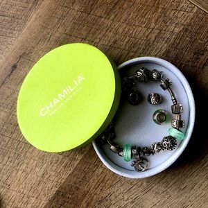 Chamilia charm bracelet with teal glass charms